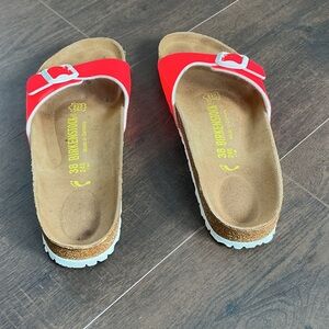 Birkenstock Red Sandals with White Accents